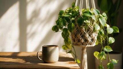 Trailing pothos plant in a natural cotton macramé hanging planter with cascading heart-shaped green leaves in afternoon sunlight, above a light wooden side table with ceramic mug