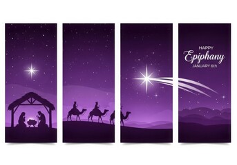 Naklejka premium Nativity scene with three wise men traveling under a starry purple sky celebrating epiphany