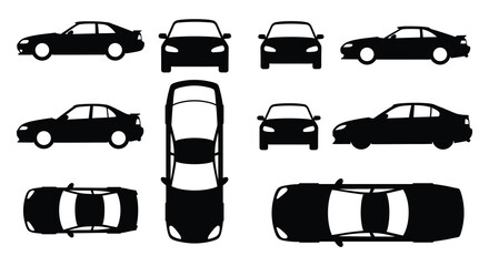 Collection of black car silhouettes in various views and angles