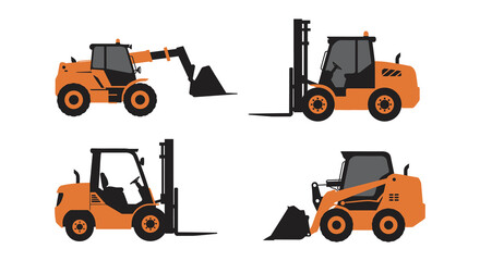 Four orange forklifts with different attachments on white background