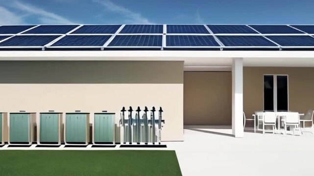 modern house with a sloping roof, clad in a combination of dark gray and cream-colored exterior walls array of solar panels installed on the roof, angled to maximize energy created with generative ai	