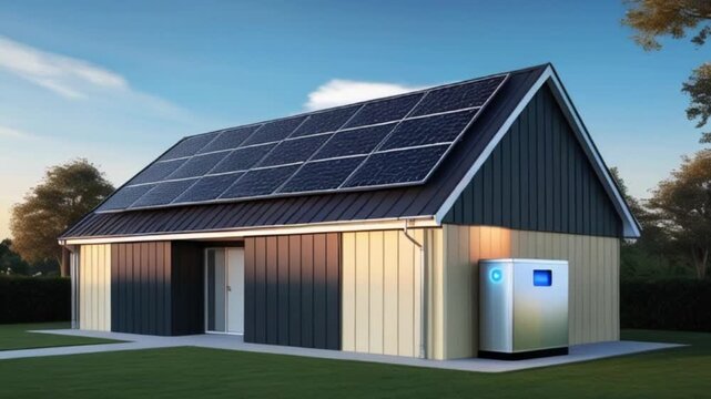 modern house with a sloping roof, clad in a combination of dark gray and cream-colored exterior walls array of solar panels installed on the roof, angled to maximize energy created with generative ai	