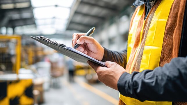 Worker filling out checklist in warehouse