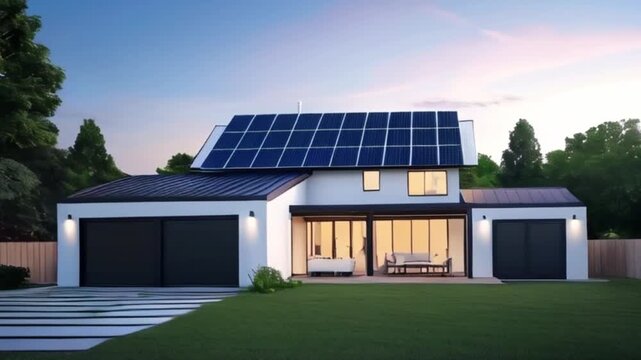 modern house with a sloping roof, clad in a combination of dark gray and cream-colored exterior walls array of solar panels installed on the roof, angled to maximize energy created with generative ai	