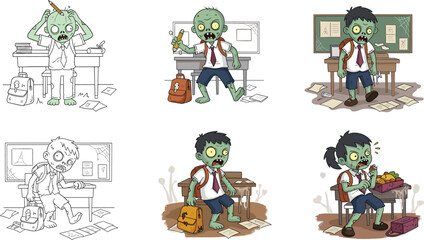Cute zombie school kid confused, funny undead student stressed with pencil, cartoon zombie child in classroom, playful scary zombie backpack, school study, homework chaos, spooky kid