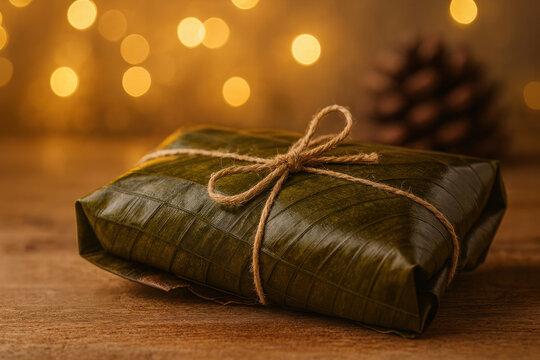 Venezuelan hallaca wrapped in banana leaves with festive lights in background. Traditional holiday food from latin american and hispanic christmas celebrations.