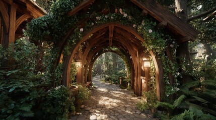 Fototapeta premium Sun-drenched overgrown archway. Lush greenery climbs ancient stone ruins