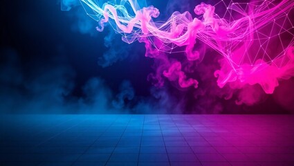 Abstract neon smoke and geometric network over tiled floor