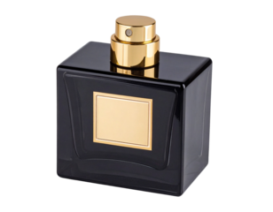  Elegant Black Square Perfume Bottle with Golden Cap, isolated on transparent background PNG