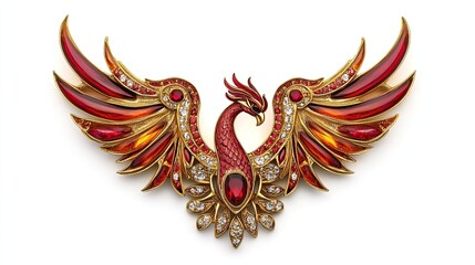 Exquisite Phoenix Brooch with Ruby and Diamond Accents on White Background