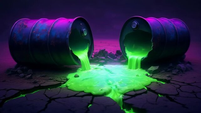 A vivid depiction of two blue barrels with green toxic liquid overflowing onto cracked ground, under violet and magenta lighting, highlighting environmental contamination.