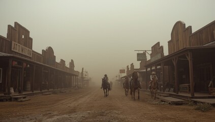 Cowboys Riding Through a Dusty Western Town