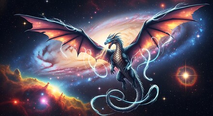 Obraz premium Celestial dragon soaring through a vibrant galaxy, fantasy art.