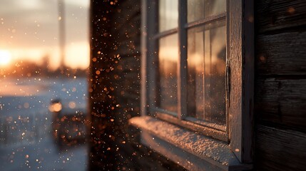 Rustic cabin wall and window reflect sunset in snow flurry