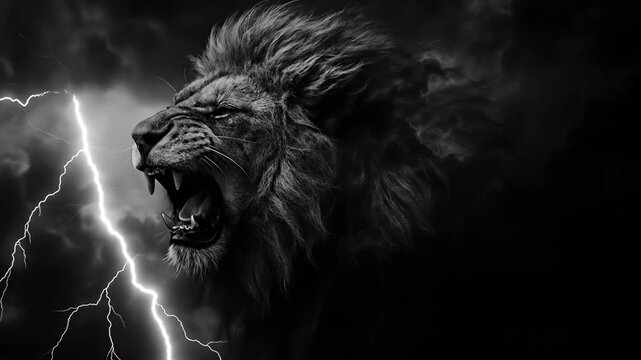 Monochrome image showcasing a roaring lion amidst a storm with lightning bolts. The dramatic contrast and dark background amplify the intensity and power of the lion.