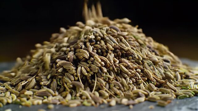 Cumin Seeds Cascading in Slow Motion Under Warm Lighting Creating a Textured Pile on a Dark Slate Surface Emphasizing the Richness of Natural Flavors and Culinary Essence for Food Advertisement