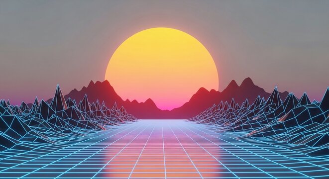 Retro 80s synthwave sunset over a digital grid landscape