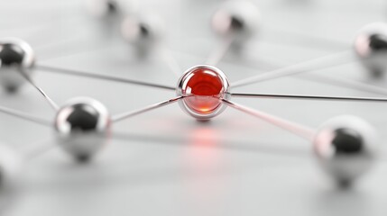 Abstract metal spheres interconnected by lines, featuring a central red sphere as a focal point. Concept for network visualization, data connection and strategic planning
