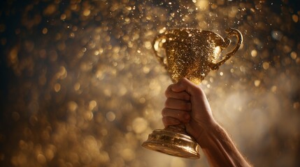 Hand holding a golden glitter trophy against sparkling bokeh background, concept for achievement celebration, victory reward, and corporate awards ceremony