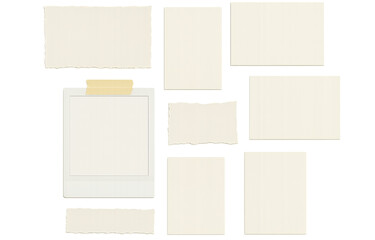 Light beige paper pieces arranged in creative layout, featuring various sizes and shapes, some with torn edges. Ideal for crafting, scrapbooking, or artistic projects