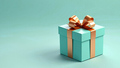 Obraz premium Turquoise gift box with copper ribbon bow isolated on a pastel blue background, perfect for celebrations
