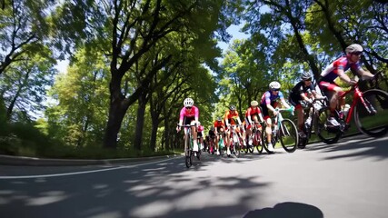 Dynamic low-angle video of cyclists racing through a sunlit, tree-lined road, capturing motion and speed in a vibrant outdoor setting.