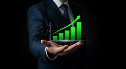 A professional person is holding a floating digital graph that shows business growth and financial success.