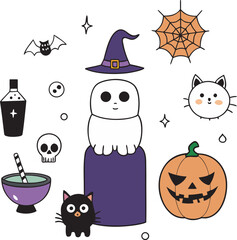 Adorable Halloween Icons: Ghost, Pumpkin, Cat, Bat, Witch Hat, and More
