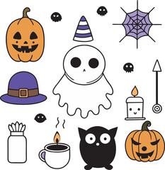 Adorable Halloween Icons: Pumpkins, Ghost, Owl, Witch Hat, Spiderweb, Candle, and More