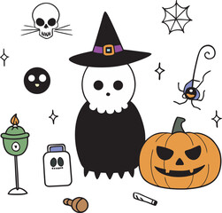 Spooky Halloween Icons: Witch, Pumpkin, Skull, Spider, and More