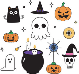 Whimsical Halloween Icons: Black Cat, Ghosts, Pumpkins, Witch Hat, Cauldron, and Skull