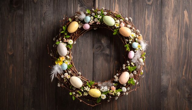 Easter wreath on dark wooden background