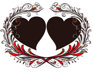 Double Interlocking Hearts with Decorative Flourishes and Leafy Scrolls, Intricate Calligraphy Style, isolated on transparent background PNG