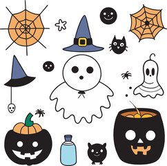 Whimsical Halloween Icons: Ghosts, Pumpkins, Cats, and More