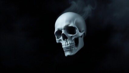 Ethereal white skull emerging from dark smoke against a black background
