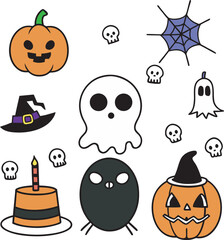 Whimsical Halloween Icons: Pumpkins, Ghosts, Skulls, Witch Hat, Spider, and Cake