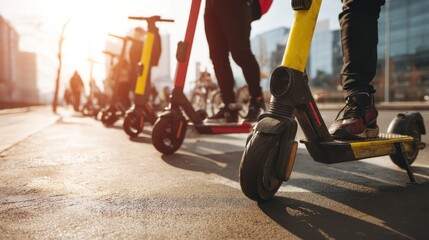 Fototapeta premium Electric scooters lined up on city street