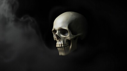 Eerie human skull emerges from wisps of smoke in darkness