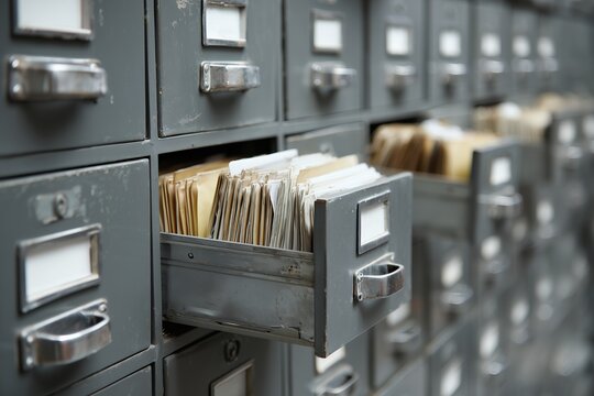 Close-up on gray metal file cabinet drawers filled with manila folders, some open showcasing paper files. Concept for data management, record keeping and archival storage