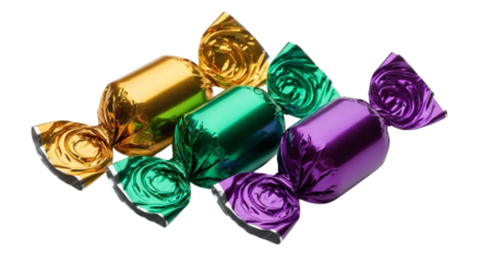 Colorful wrapped candy assortment for sweet treats and holiday celebrations, perfect for confectionery ads and party favors, shiny and festive