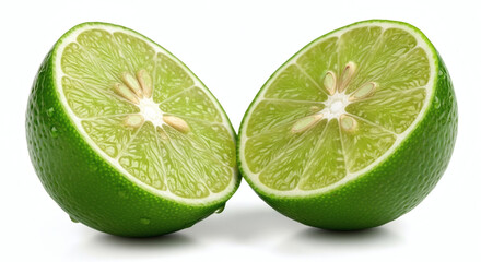 A halved lime showing the juicy interior and green rind against a bright white background surface