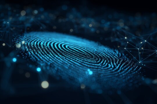 Digital fingerprint security scan in glowing blue on dark abstract background. Concept for biometric identification, digital authentication and personal data protection systems
