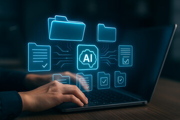 A professional using a laptop with a holographic projection of various folders and documents, including an AI icon