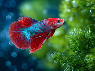 Obraz premium Colorful Betta Fish Swimming Gracefully Among Vibrant Green Aquatic Plants in a Serene Underwater Habitat
