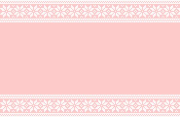 A minimalist pixel art Christmas card or banner template with empty space for text, featuring a seamless border of stylized snowflakes in white on a soft pink background, for template card, wallpaper