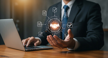 A businessman is finalizing a secure digital partnership, represented by a glowing handshake icon and surrounding documents.