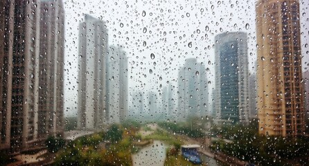 Obraz premium Rain-streaked cityscape view