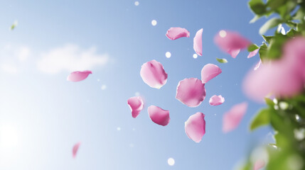 Fototapeta premium Pink petal sky sunlight soft motion bloom nature outdoor spring freshness glow floating green leaf beauty peaceful dreamy floral garden bright season air gentle romantic vibrant landscape cheerful