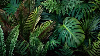 Rich tropical foliage tapestry—lush green leaves, vibrant colors against dark background; includes palm trees, ferns, monstera (dominant deep greens, earthy browns); close-up showcases intricate textu