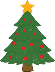 Decorated Christmas Tree Cartoon Illustration, Cute Holiday Tree with Ornaments and Star, Hand Drawn Christmas Fir Tree Clipart